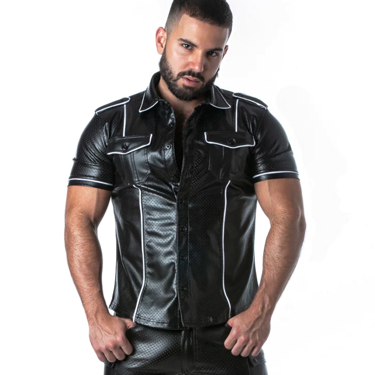 LOCKER GEAR - Kunstleder Hemd I Punch Hole Leatherette Shirt I schwarz-weiß I