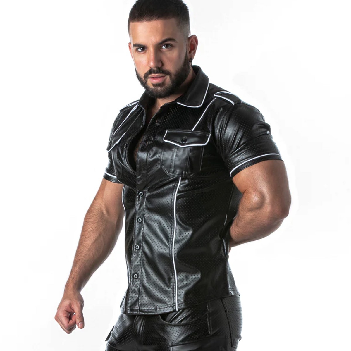LOCKER GEAR - Kunstleder Hemd I Punch Hole Leatherette Shirt I schwarz-weiß I