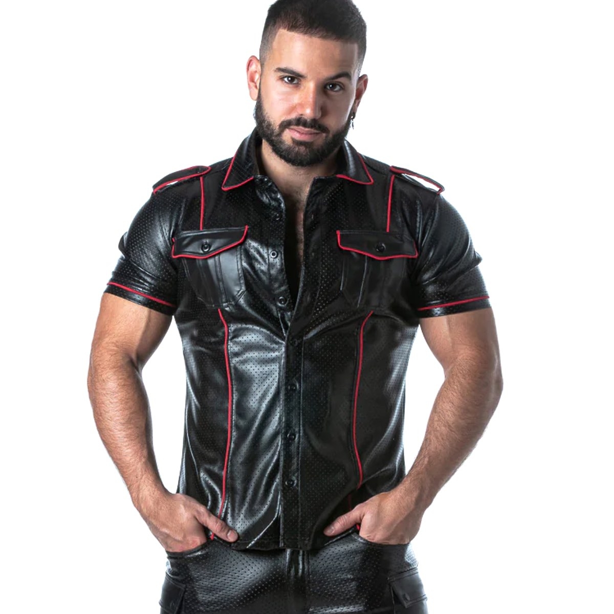 LOCKER GEAR - Kunstleder Hemd I Punch Hole Leatherette Shirt I schwarz-rot I