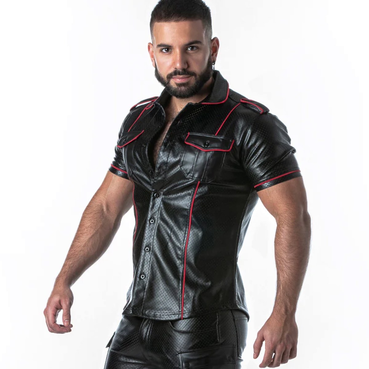 LOCKER GEAR - Kunstleder Hemd I Punch Hole Leatherette Shirt I schwarz-rot I