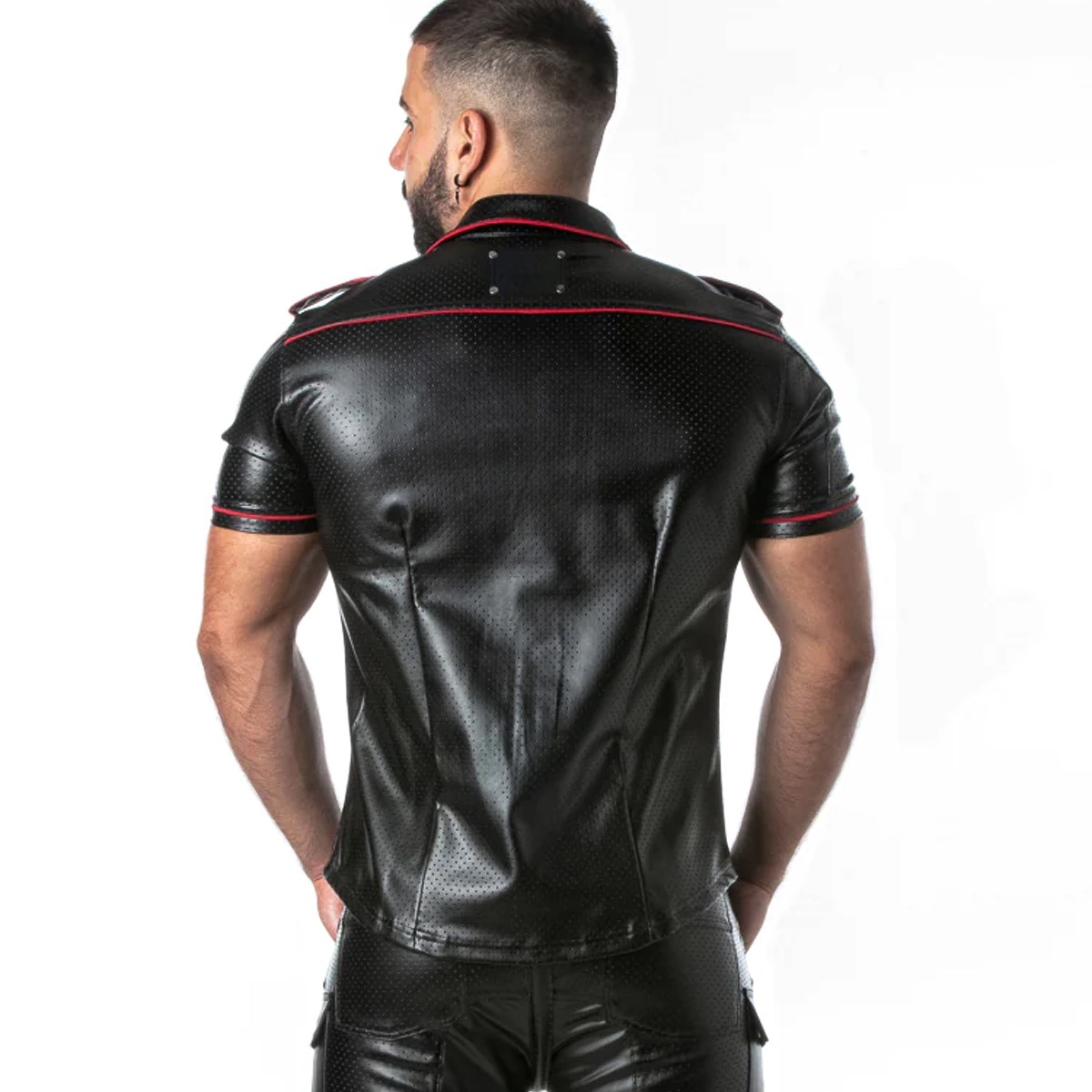 LOCKER GEAR - Kunstleder Hemd I Punch Hole Leatherette Shirt I schwarz-rot I